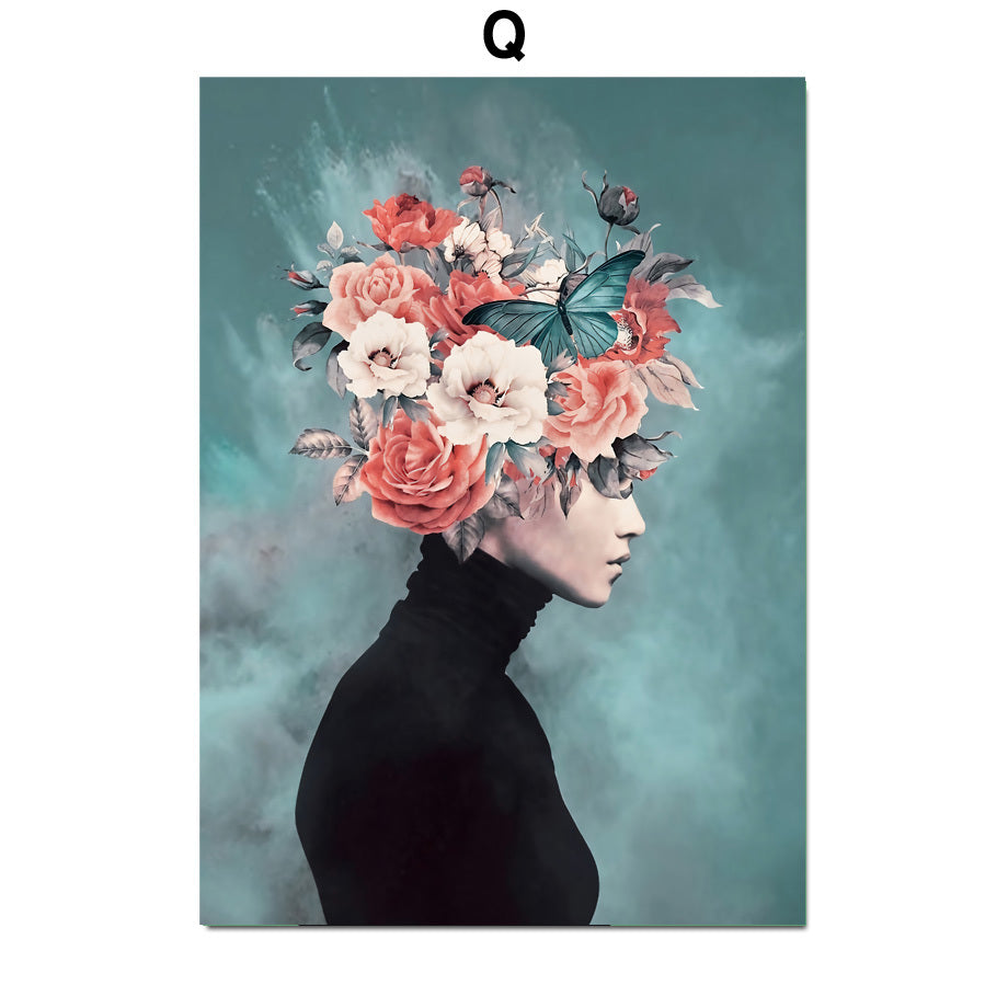 Bird Flower Girl Abstract Illustration Wall Art Canvas Painting Nordic Poster