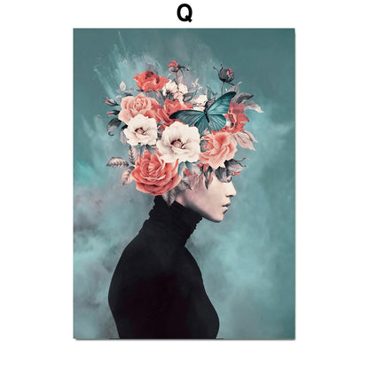 Bird Flower Girl Abstract Illustration Wall Art Canvas Painting Nordic Poster